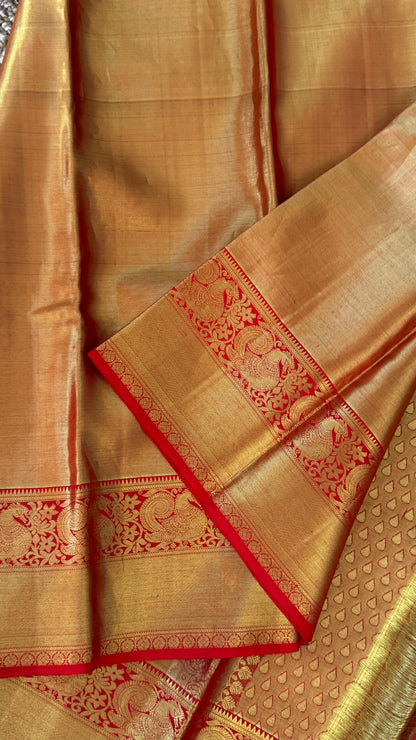 Pure Handloom Tissue Kanchivaram Silk Saree – Gold and Red Bridal Saree