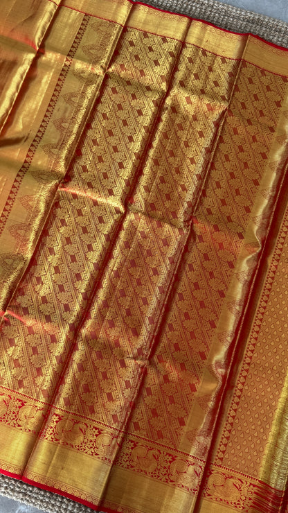 Pure Handloom Tissue Kanchivaram Silk Saree – Gold and Red Bridal Saree