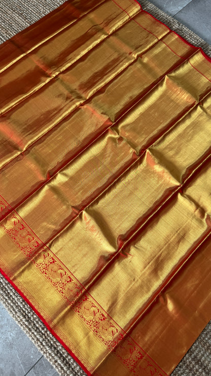 Pure Handloom Tissue Kanchivaram Silk Saree – Gold and Red Bridal Saree