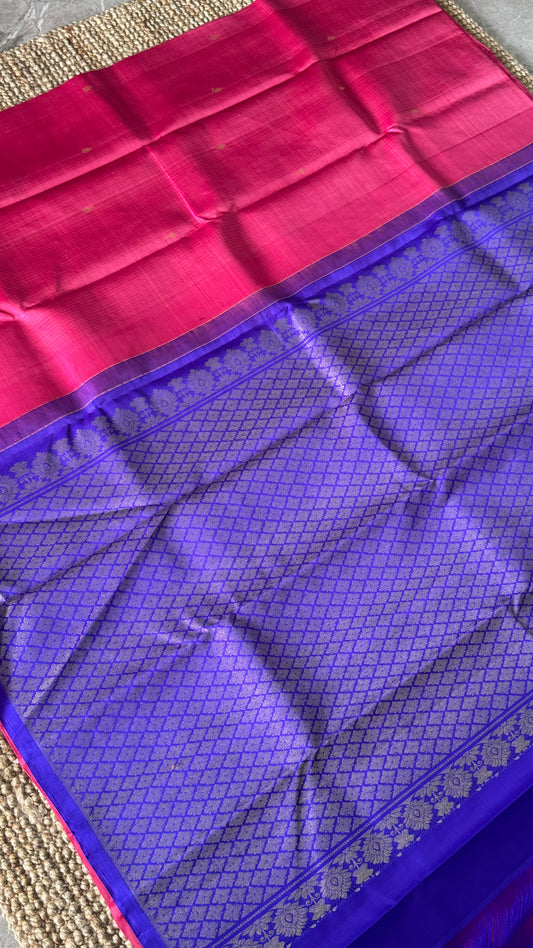 Kanchivaram Pure Silk Handloom Borderless Saree – Pink with Royal Blue Pallu