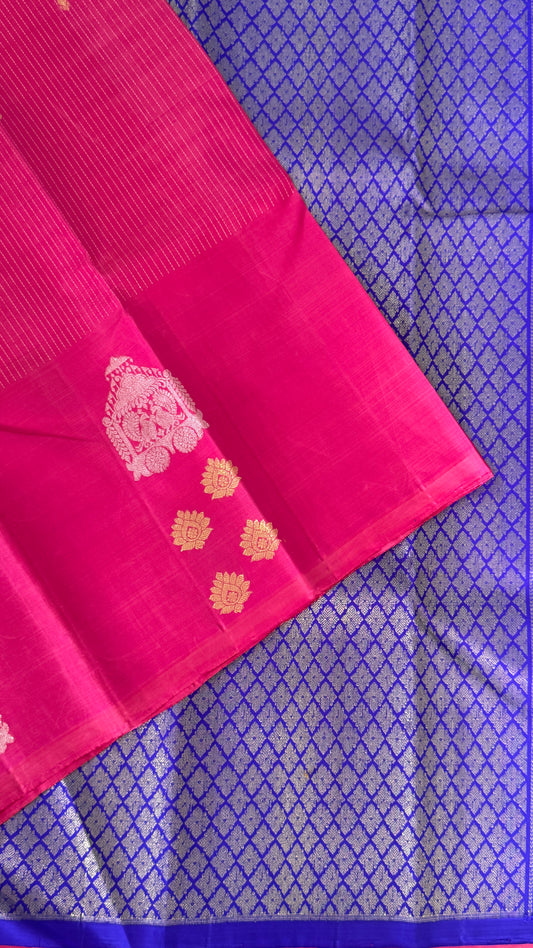 Kanchivaram Pure Silk Handloom Borderless Saree – Pink with Royal Blue Pallu