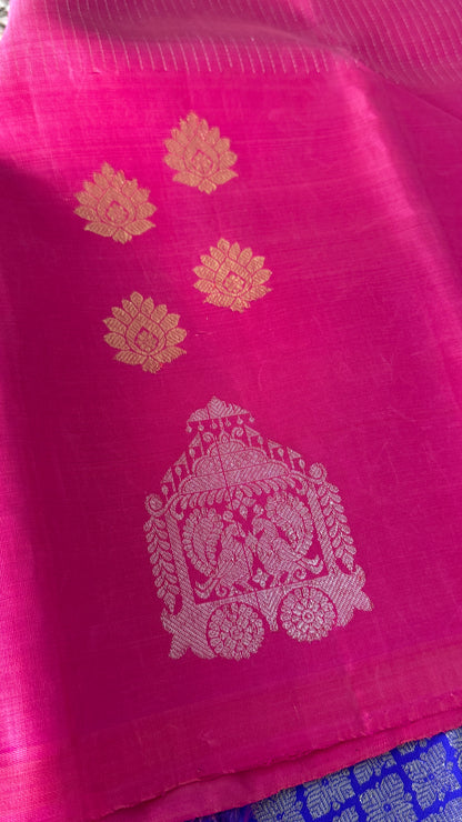 Kanchivaram Pure Silk Handloom Borderless Saree – Pink with Royal Blue Pallu