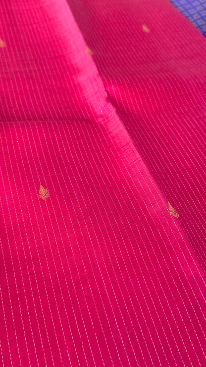 Kanchivaram Pure Silk Handloom Borderless Saree – Pink with Royal Blue Pallu