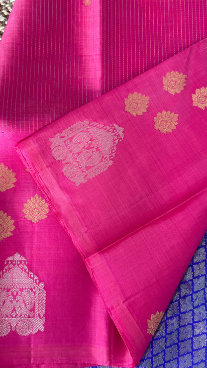 Kanchivaram Pure Silk Handloom Borderless Saree – Pink with Royal Blue Pallu