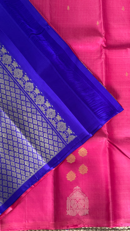 Kanchivaram Pure Silk Handloom Borderless Saree – Pink with Royal Blue Pallu