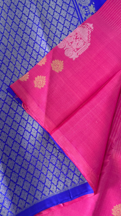 Kanchivaram Pure Silk Handloom Borderless Saree – Pink with Royal Blue Pallu