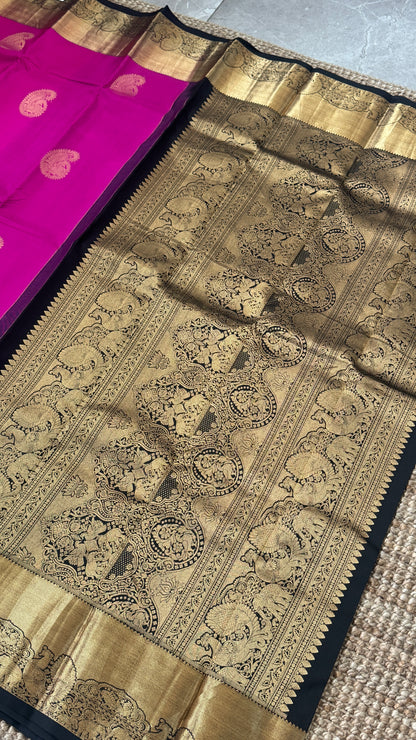 KANJIVARAM PURE SILK HANDLOOM SAREE in Pink with contrasting Black border