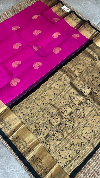 KANJIVARAM PURE SILK HANDLOOM SAREE in Pink with contrasting Black border
