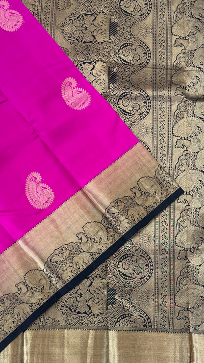 KANJIVARAM PURE SILK HANDLOOM SAREE in Pink with contrasting Black border