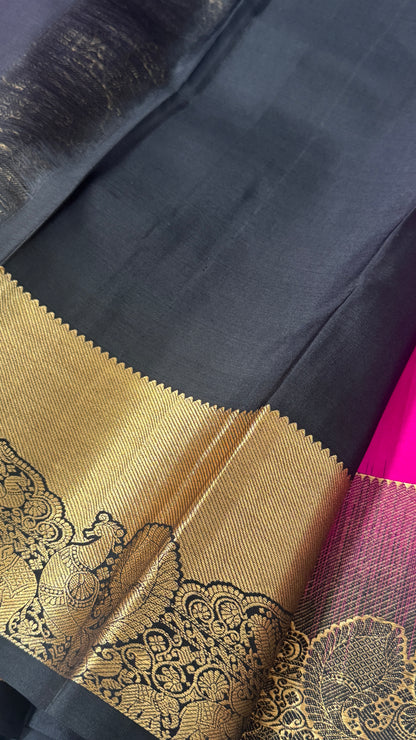 KANJIVARAM PURE SILK HANDLOOM SAREE in Pink with contrasting Black border