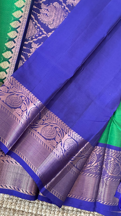 KANJIVARAM PURE SILK HANDLOOM SAREE in Green with Floral border in Royal Blue