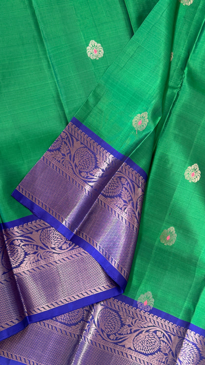 KANJIVARAM PURE SILK HANDLOOM SAREE in Green with Floral border in Royal Blue