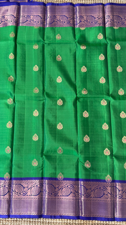 KANJIVARAM PURE SILK HANDLOOM SAREE in Green with Floral border in Royal Blue
