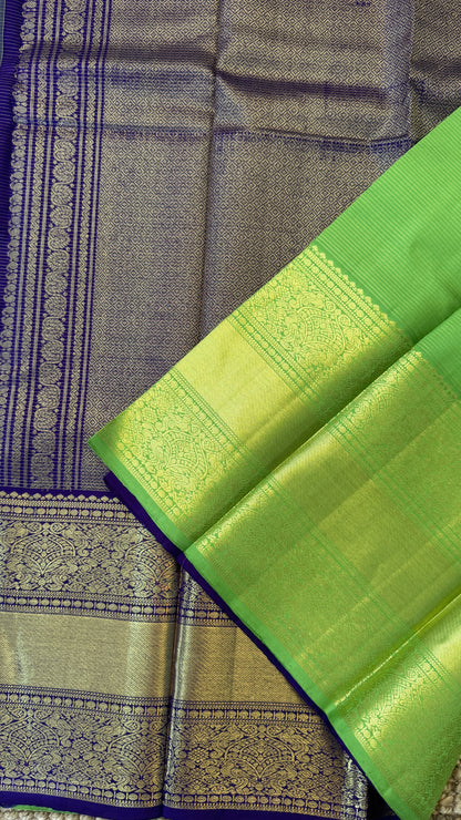 KANJIVARAM PURE SILK HANDLOOM SAREE – PARROT GREEN & PURPLE BORDER