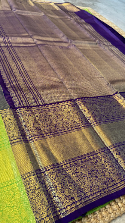 KANJIVARAM PURE SILK HANDLOOM SAREE – PARROT GREEN & PURPLE BORDER