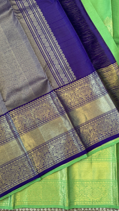 KANJIVARAM PURE SILK HANDLOOM SAREE – PARROT GREEN & PURPLE BORDER