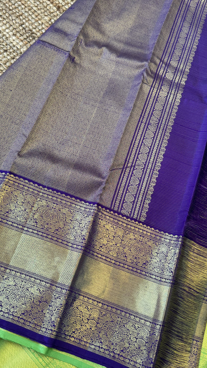 KANJIVARAM PURE SILK HANDLOOM SAREE – PARROT GREEN & PURPLE BORDER