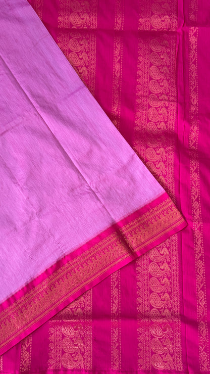 Purely Hand-Woven - Light Pink Cotton Silk Saree with Dark Pink Border