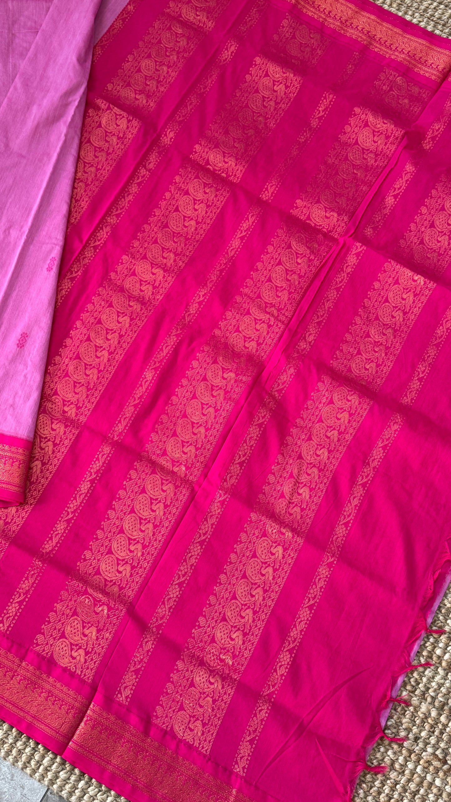 Purely Hand-Woven - Light Pink Cotton Silk Saree with Dark Pink Border