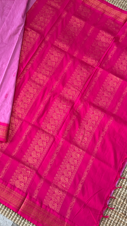 Purely Hand-Woven - Light Pink Cotton Silk Saree with Dark Pink Border