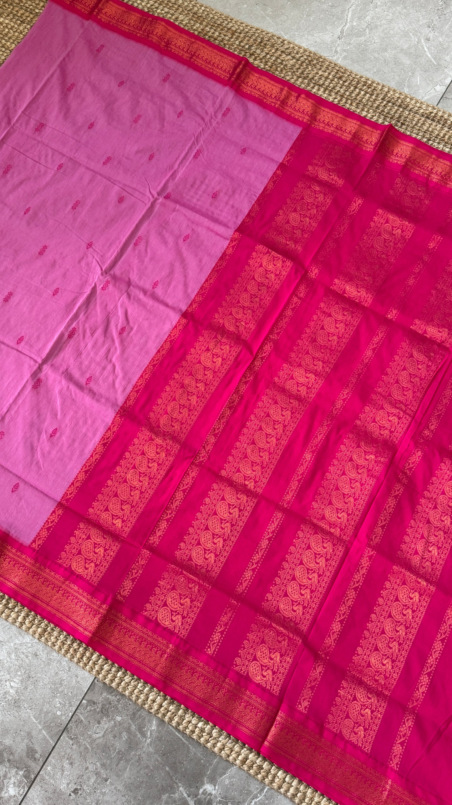Purely Hand-Woven - Light Pink Cotton Silk Saree with Dark Pink Border