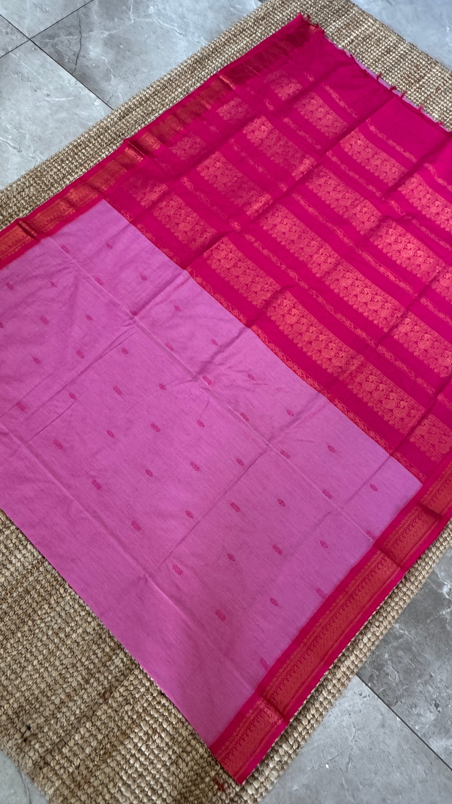 Purely Hand-Woven - Light Pink Cotton Silk Saree with Dark Pink Border