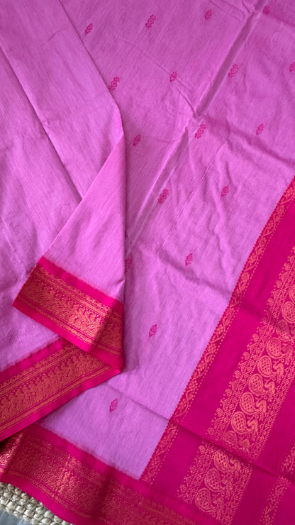 Purely Hand-Woven - Light Pink Cotton Silk Saree with Dark Pink Border