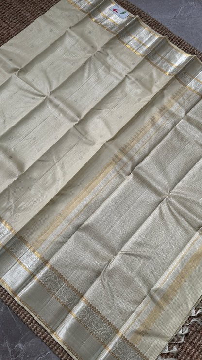 KANJIVARAM PURE SILK SAREE – Checkered Bridal Saree in Beige/Ivory Color