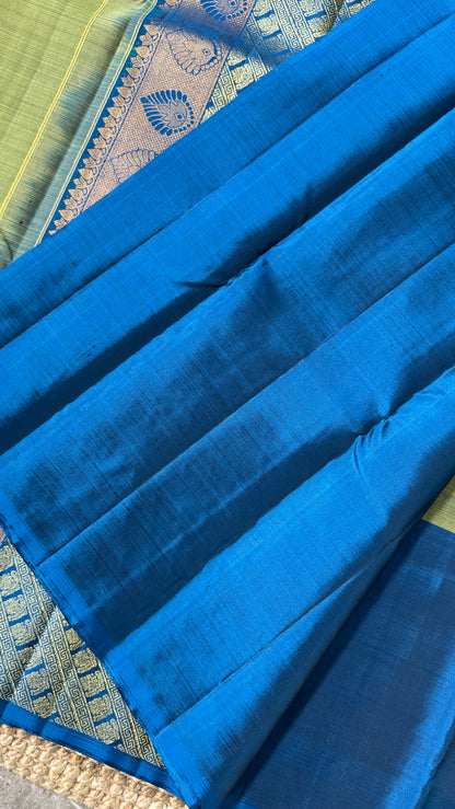 KANJIVARAM PURE SILK HANDLOOM SAREE – GREYISH GREEN WITH CONTRAST BLUE PALLU