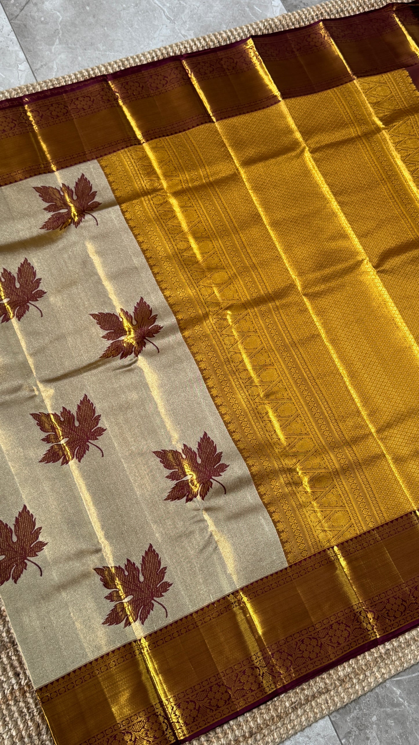 PURE TISSUE KANJIVARAM SILK HANDLOOM SAREE – LIGHT GOLD WITH MAROON border