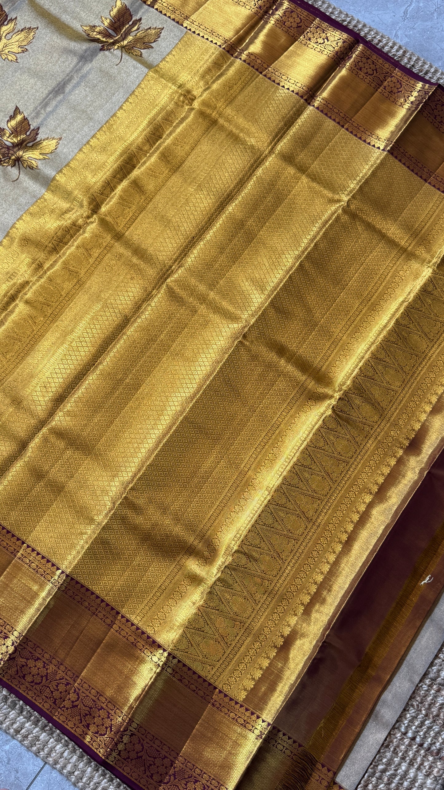 PURE TISSUE KANJIVARAM SILK HANDLOOM SAREE – LIGHT GOLD WITH MAROON border