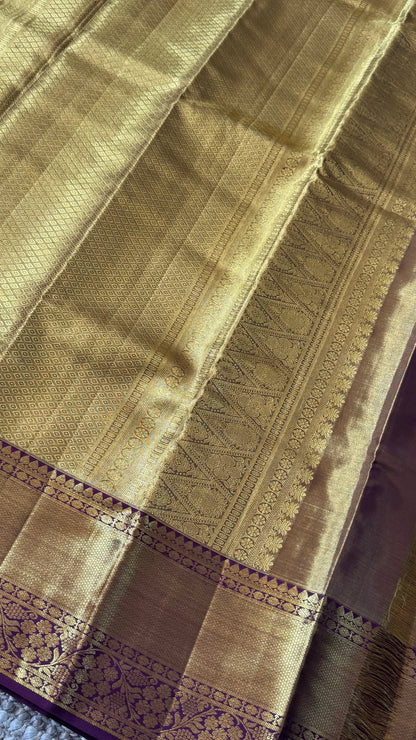 PURE TISSUE KANJIVARAM SILK HANDLOOM SAREE – LIGHT GOLD WITH MAROON border