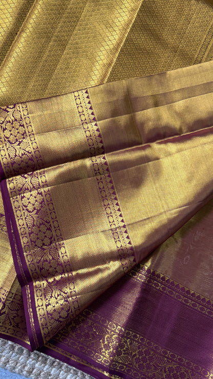 PURE TISSUE KANJIVARAM SILK HANDLOOM SAREE – LIGHT GOLD WITH MAROON border