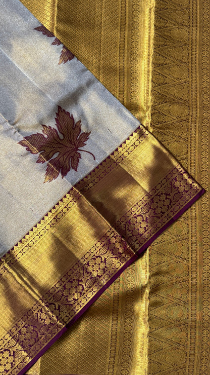 PURE TISSUE KANJIVARAM SILK HANDLOOM SAREE – LIGHT GOLD WITH MAROON border