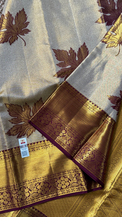 PURE TISSUE KANJIVARAM SILK HANDLOOM SAREE – LIGHT GOLD WITH MAROON border