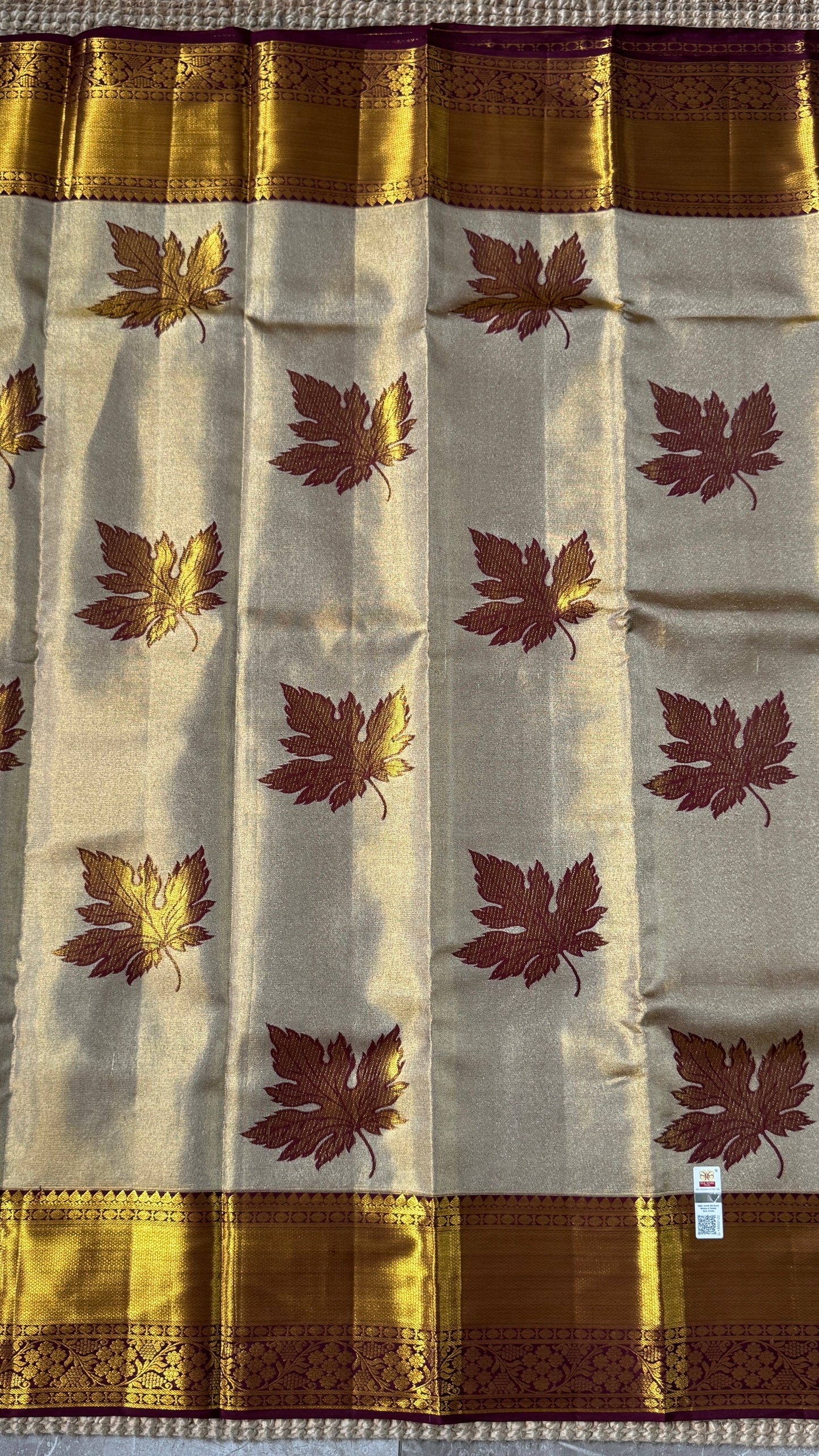 PURE TISSUE KANJIVARAM SILK HANDLOOM SAREE – LIGHT GOLD WITH MAROON border