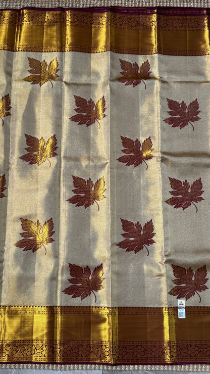 PURE TISSUE KANJIVARAM SILK HANDLOOM SAREE – LIGHT GOLD WITH MAROON border