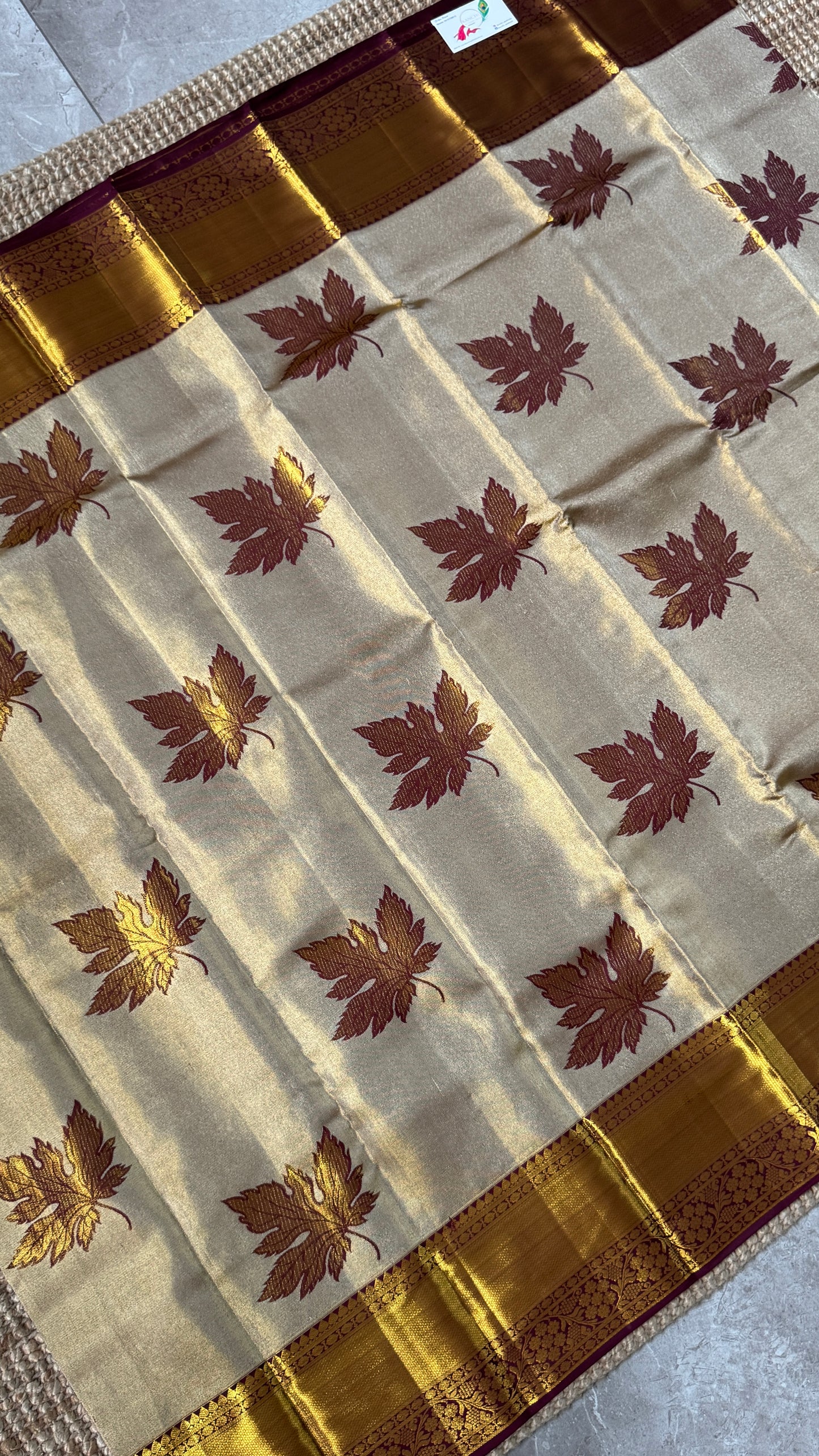 PURE TISSUE KANJIVARAM SILK HANDLOOM SAREE – LIGHT GOLD WITH MAROON border