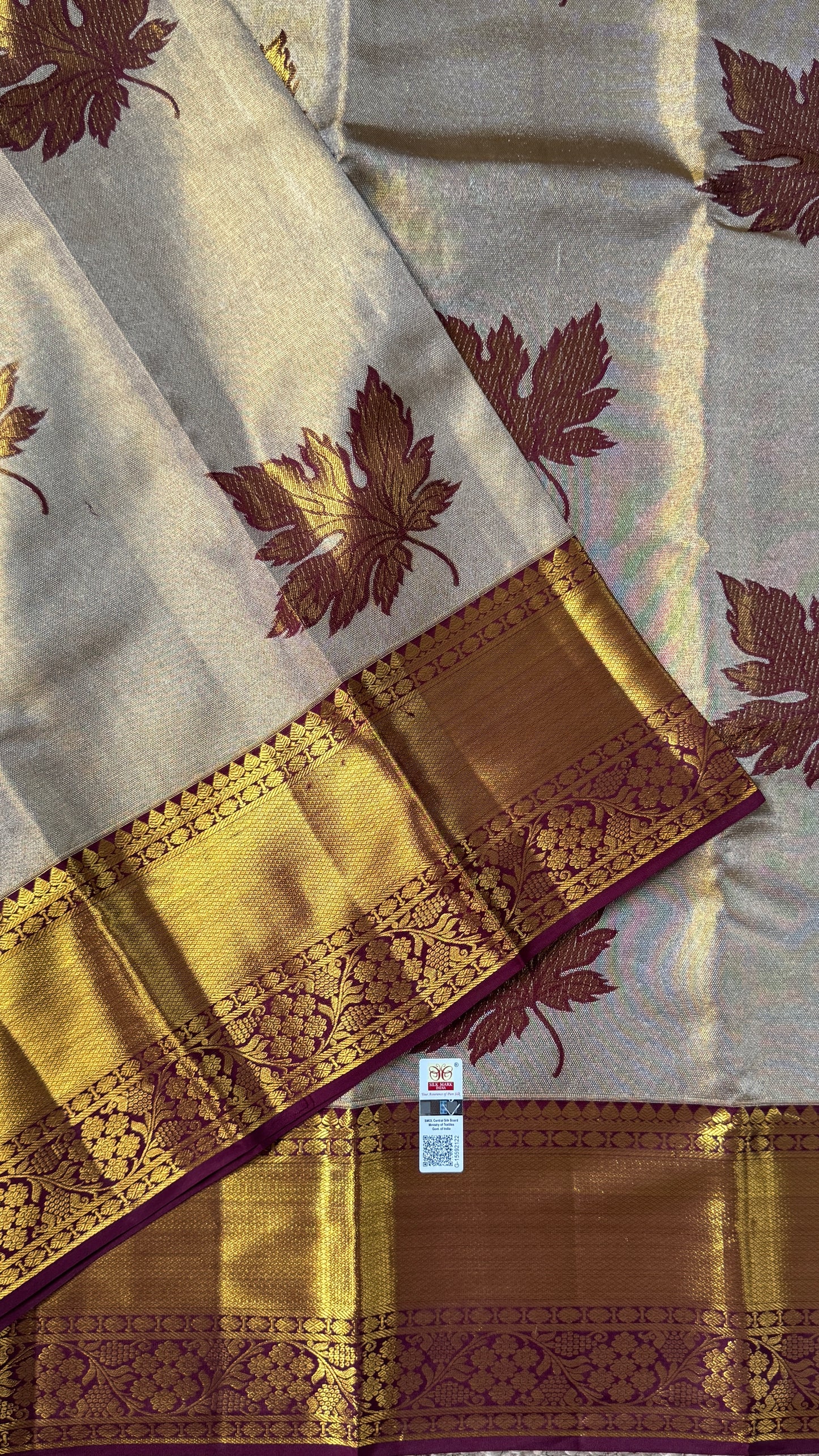 PURE TISSUE KANJIVARAM SILK HANDLOOM SAREE – LIGHT GOLD WITH MAROON border