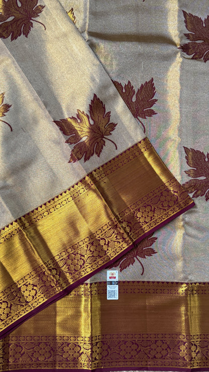 PURE TISSUE KANJIVARAM SILK HANDLOOM SAREE – LIGHT GOLD WITH MAROON border