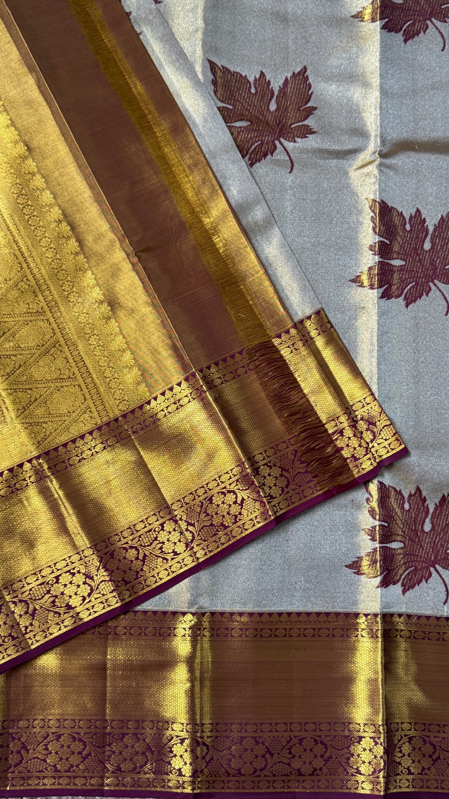 PURE TISSUE KANJIVARAM SILK HANDLOOM SAREE – LIGHT GOLD WITH MAROON border