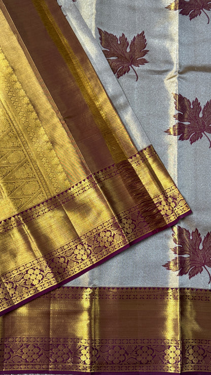 PURE TISSUE KANJIVARAM SILK HANDLOOM SAREE – LIGHT GOLD WITH MAROON border