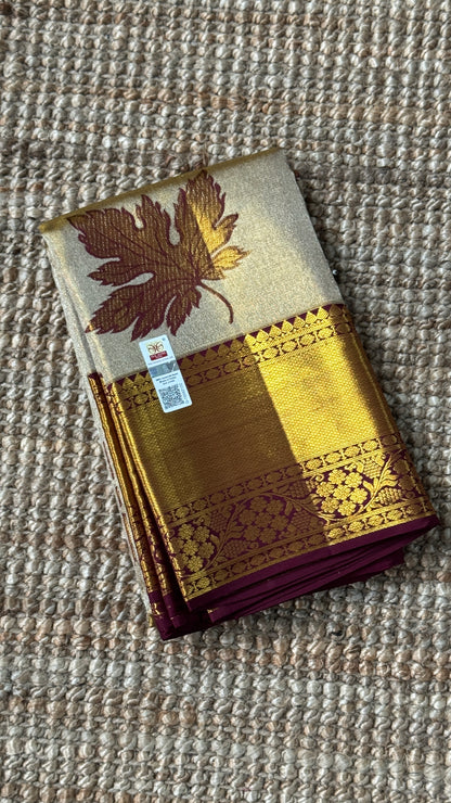 PURE TISSUE KANJIVARAM SILK HANDLOOM SAREE – LIGHT GOLD WITH MAROON border