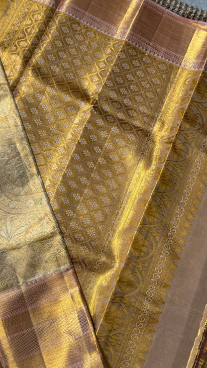 PURE TISSUE KANJIVARAM SILK HANDLOOM SAREE – LIGHT GOLD WITH PEACH BORDER