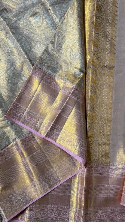 PURE TISSUE KANJIVARAM SILK HANDLOOM SAREE – LIGHT GOLD WITH PEACH BORDER