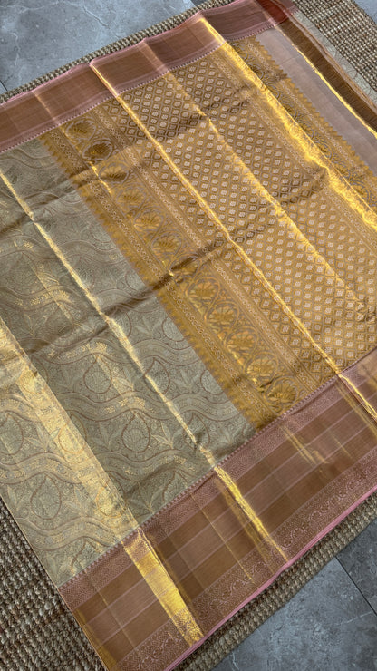 PURE TISSUE KANJIVARAM SILK HANDLOOM SAREE – LIGHT GOLD WITH PEACH BORDER