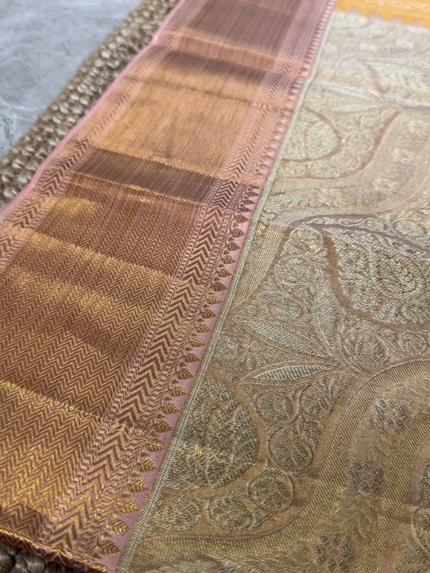 PURE TISSUE KANJIVARAM SILK HANDLOOM SAREE – LIGHT GOLD WITH PEACH BORDER