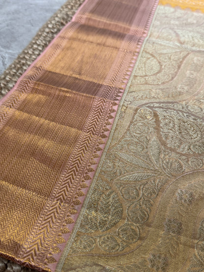 PURE TISSUE KANJIVARAM SILK HANDLOOM SAREE – LIGHT GOLD WITH PEACH BORDER