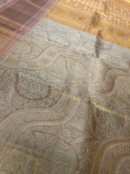 PURE TISSUE KANJIVARAM SILK HANDLOOM SAREE – LIGHT GOLD WITH PEACH BORDER
