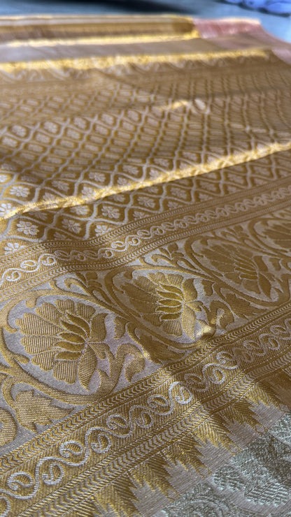 PURE TISSUE KANJIVARAM SILK HANDLOOM SAREE – LIGHT GOLD WITH PEACH BORDER